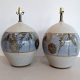 Large Midcentury Stoneware Table Lamp with Blue and Brown Floral Detailing - Sold Individually