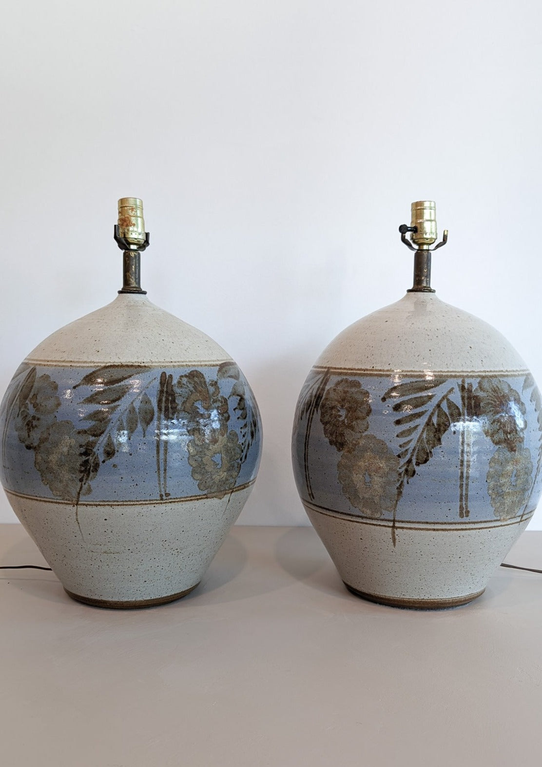 Large Midcentury Stoneware Table Lamp with Blue and Brown Floral Detailing - Sold Individually