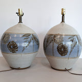 Large Midcentury Stoneware Table Lamp with Blue and Brown Floral Detailing - Sold Individually
