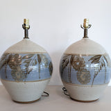 Large Midcentury Stoneware Table Lamp with Blue and Brown Floral Detailing - Sold Individually
