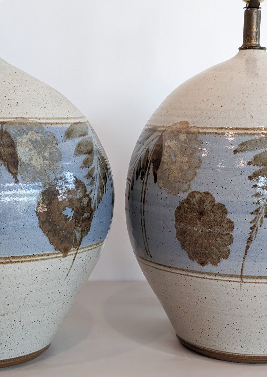 Large Midcentury Stoneware Table Lamp with Blue and Brown Floral Detailing - Sold Individually
