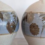 Large Midcentury Stoneware Table Lamp with Blue and Brown Floral Detailing - Sold Individually