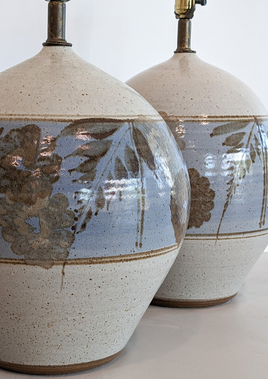 Large Midcentury Stoneware Table Lamp with Blue and Brown Floral Detailing - Sold Individually