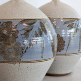 Large Midcentury Stoneware Table Lamp with Blue and Brown Floral Detailing - Sold Individually
