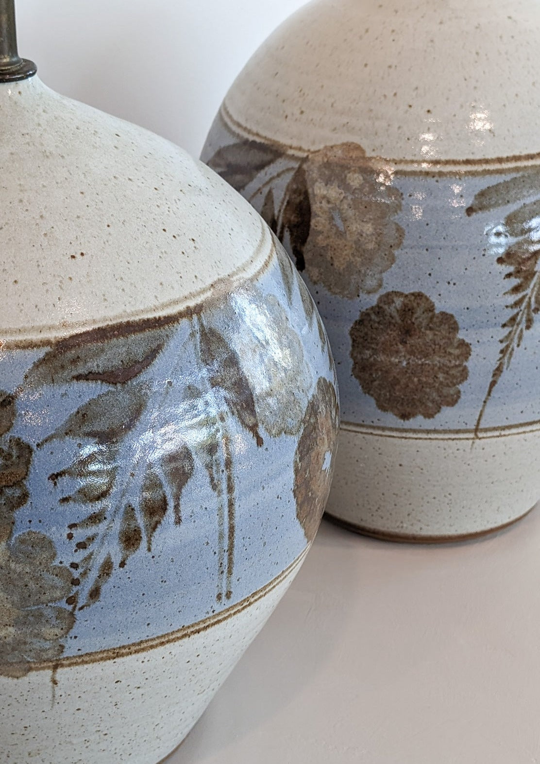 Large Midcentury Stoneware Table Lamp with Blue and Brown Floral Detailing - Sold Individually