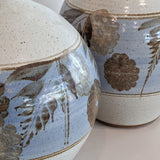 Large Midcentury Stoneware Table Lamp with Blue and Brown Floral Detailing - Sold Individually