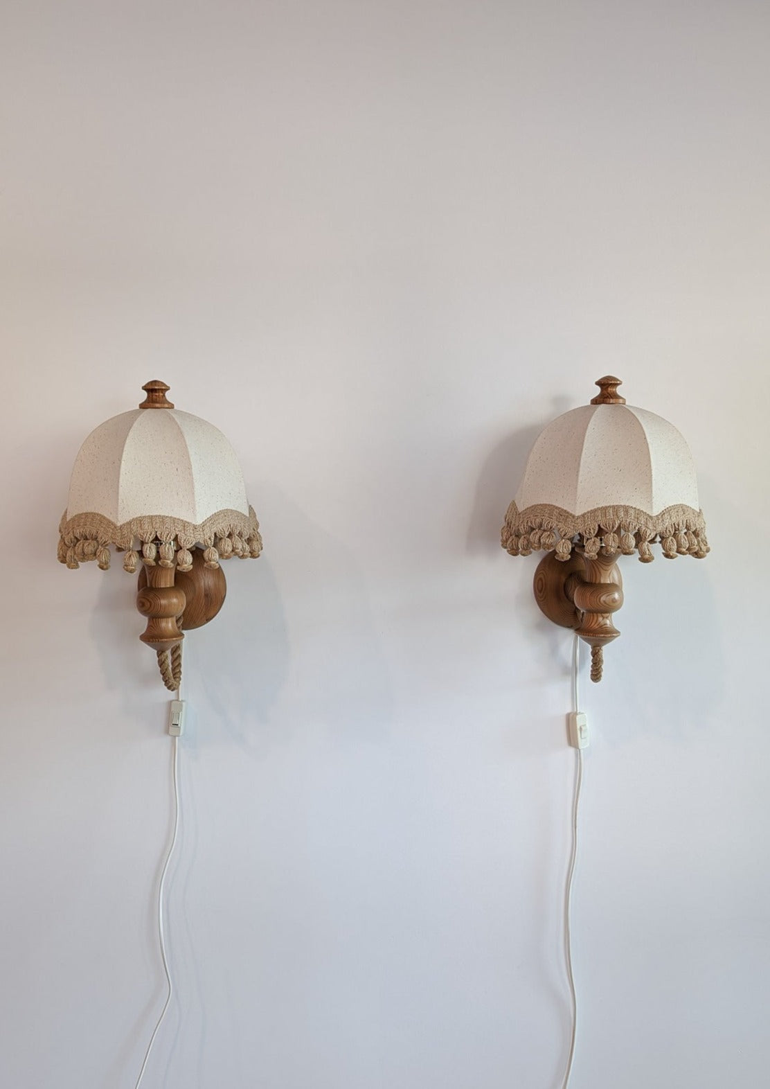Pair of Rare Vintage Swedish AB Tranås Stilarmatur Pine and Rope Wall Sconces with Original Handmade Fringed Linen Shades