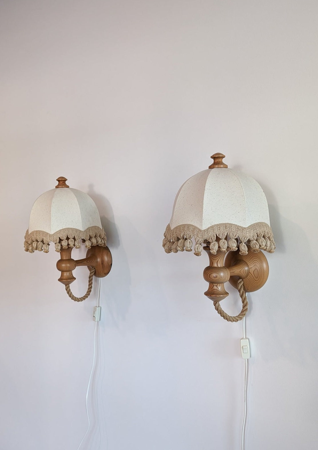 Pair of Rare Vintage Swedish AB Tranås Stilarmatur Pine and Rope Wall Sconces with Original Handmade Fringed Linen Shades