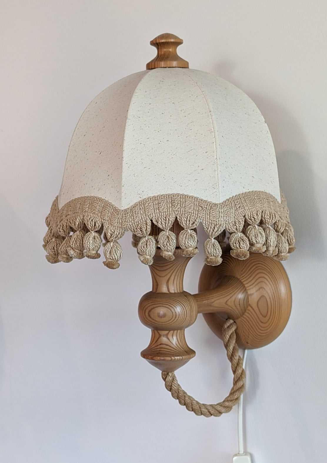 Pair of Rare Vintage Swedish AB Tranås Stilarmatur Pine and Rope Wall Sconces with Original Handmade Fringed Linen Shades