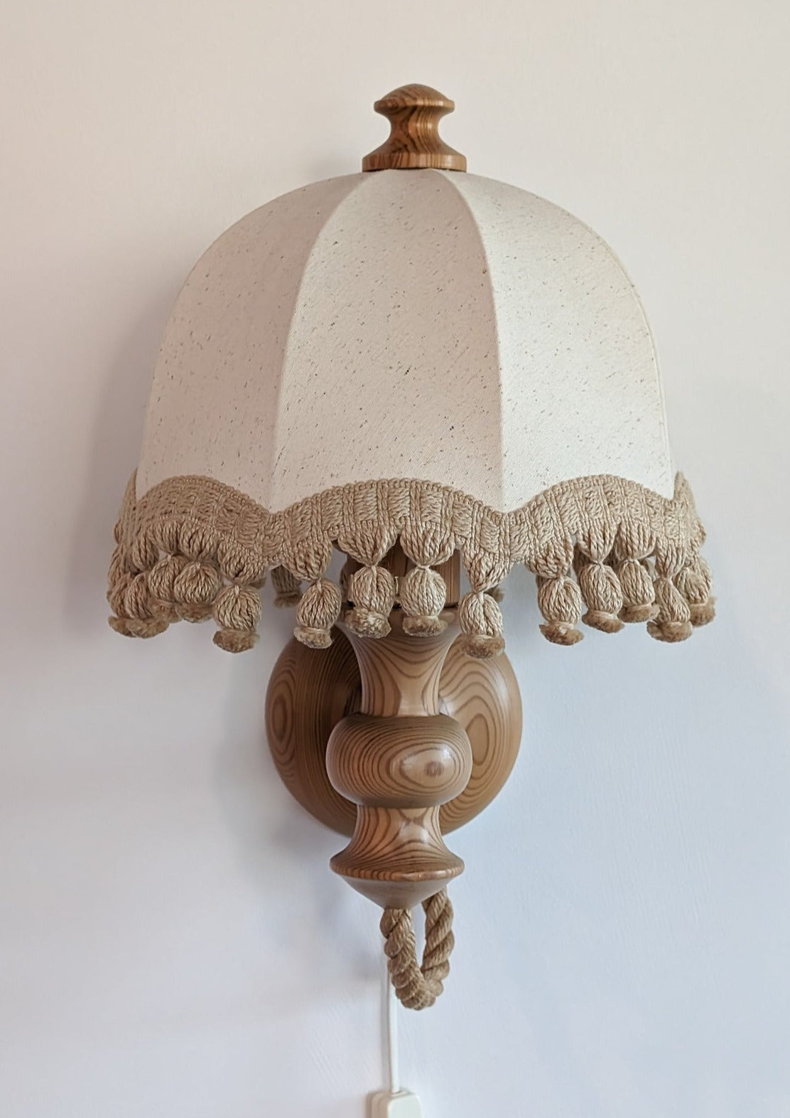 Pair of Rare Vintage Swedish AB Tranås Stilarmatur Pine and Rope Wall Sconces with Original Handmade Fringed Linen Shades