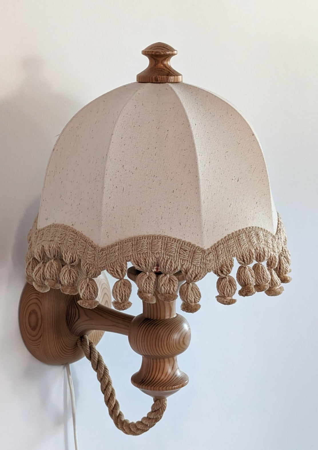 Pair of Rare Vintage Swedish AB Tranås Stilarmatur Pine and Rope Wall Sconces with Original Handmade Fringed Linen Shades