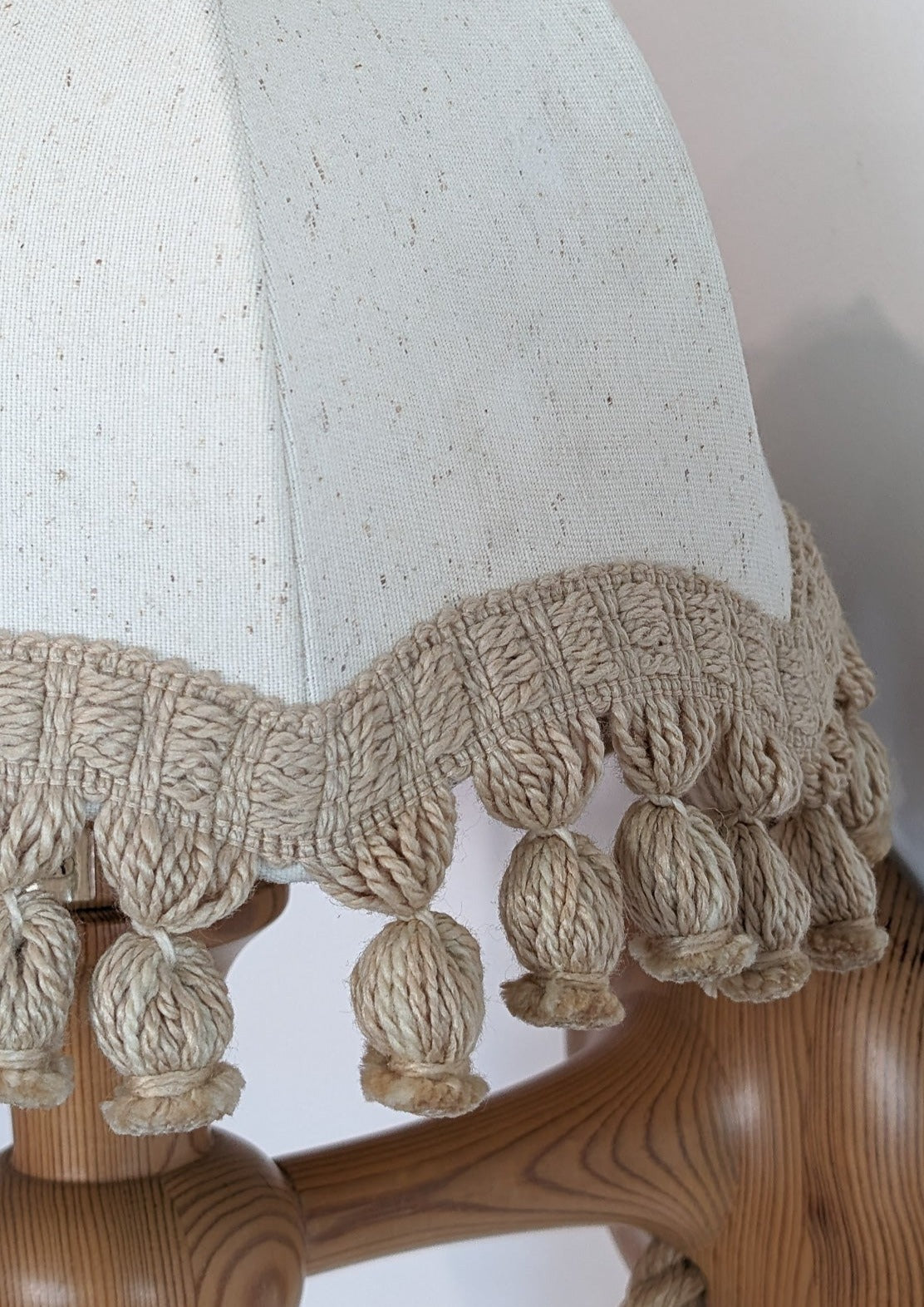 Pair of Rare Vintage Swedish AB Tranås Stilarmatur Pine and Rope Wall Sconces with Original Handmade Fringed Linen Shades