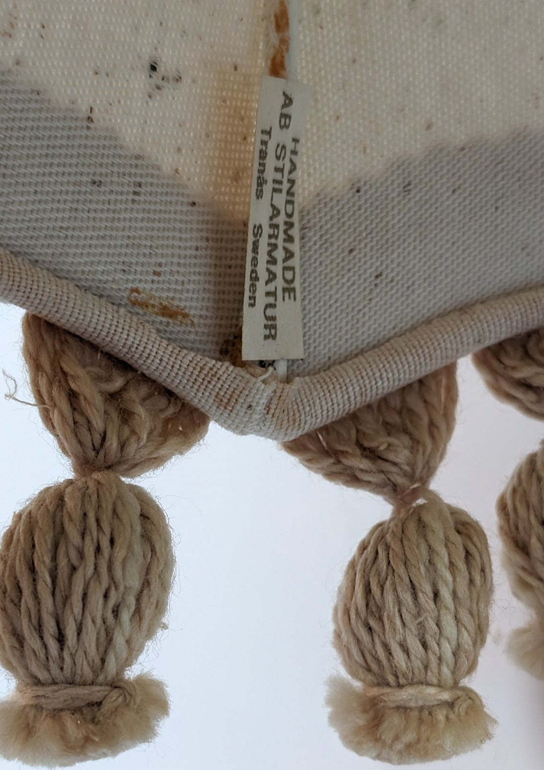 Pair of Rare Vintage Swedish AB Tranås Stilarmatur Pine and Rope Wall Sconces with Original Handmade Fringed Linen Shades