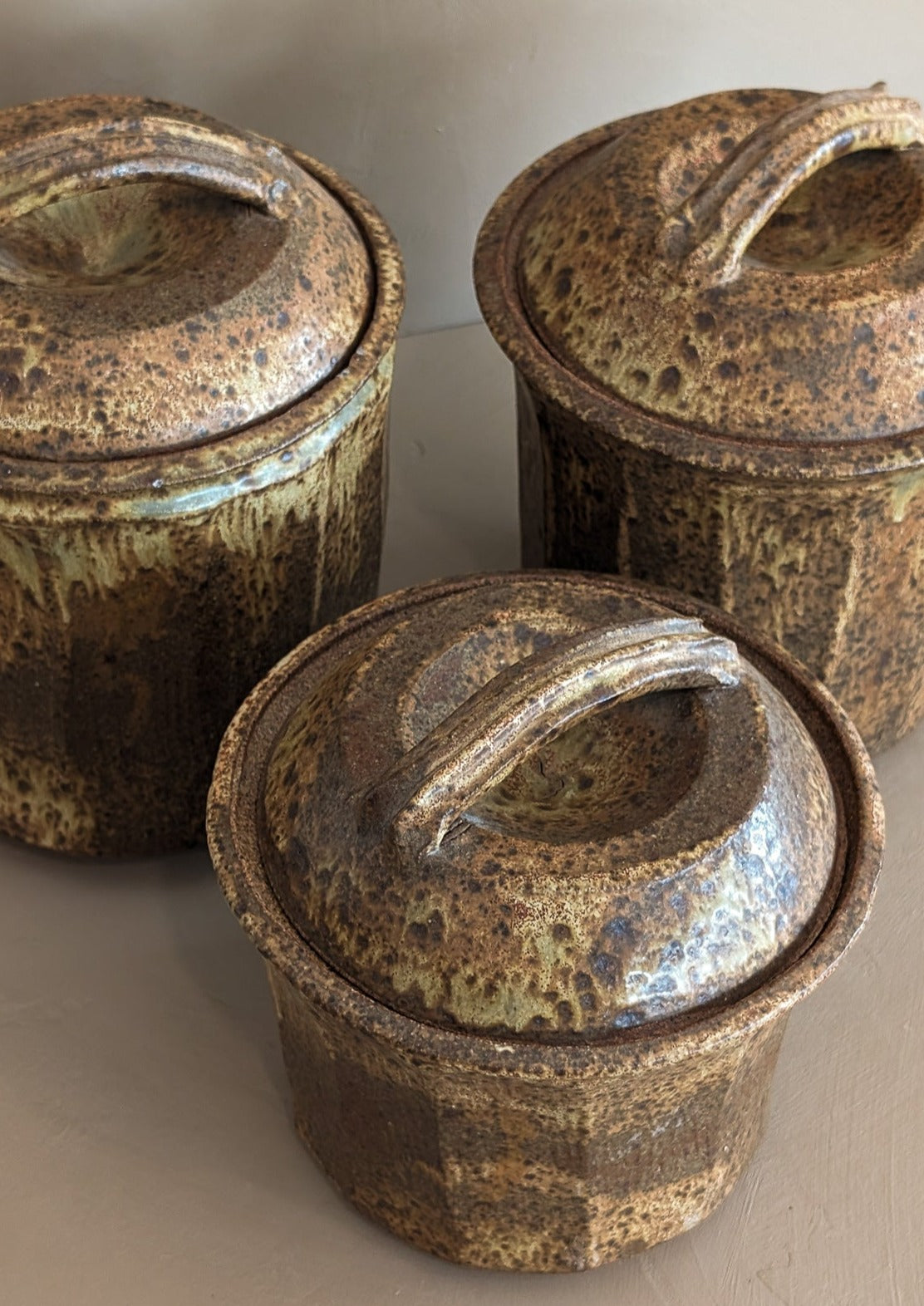 Trio of Speckled Studio Pottery Lidded Canisters