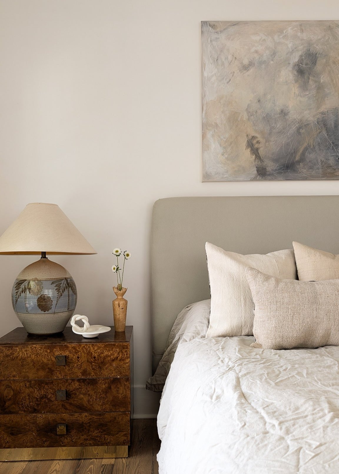 Large Midcentury Stoneware Table Lamp with Blue and Brown Floral Detailing - Sold Individually