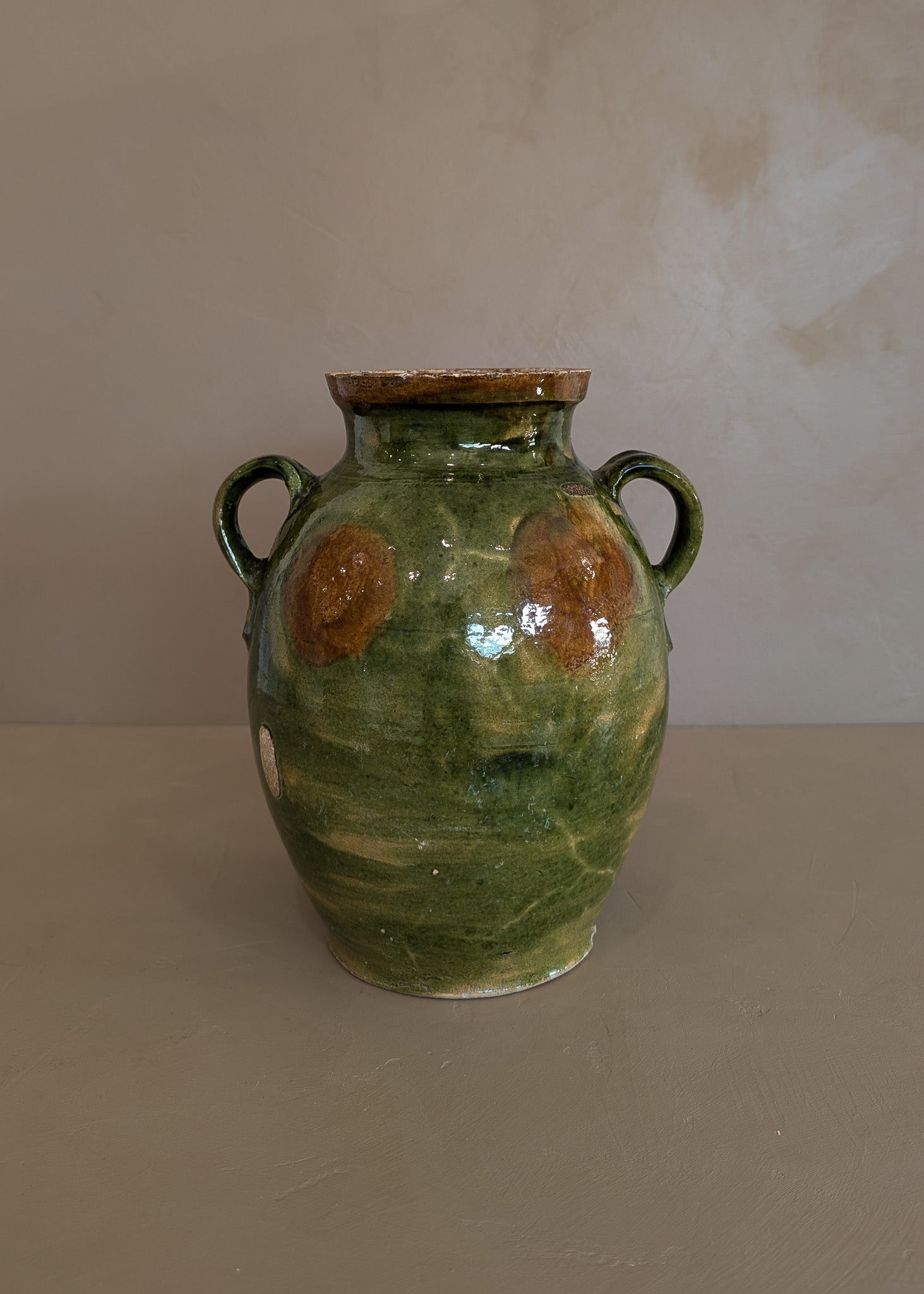 Antique Green and Brown European Handled Sauerkraut Jar