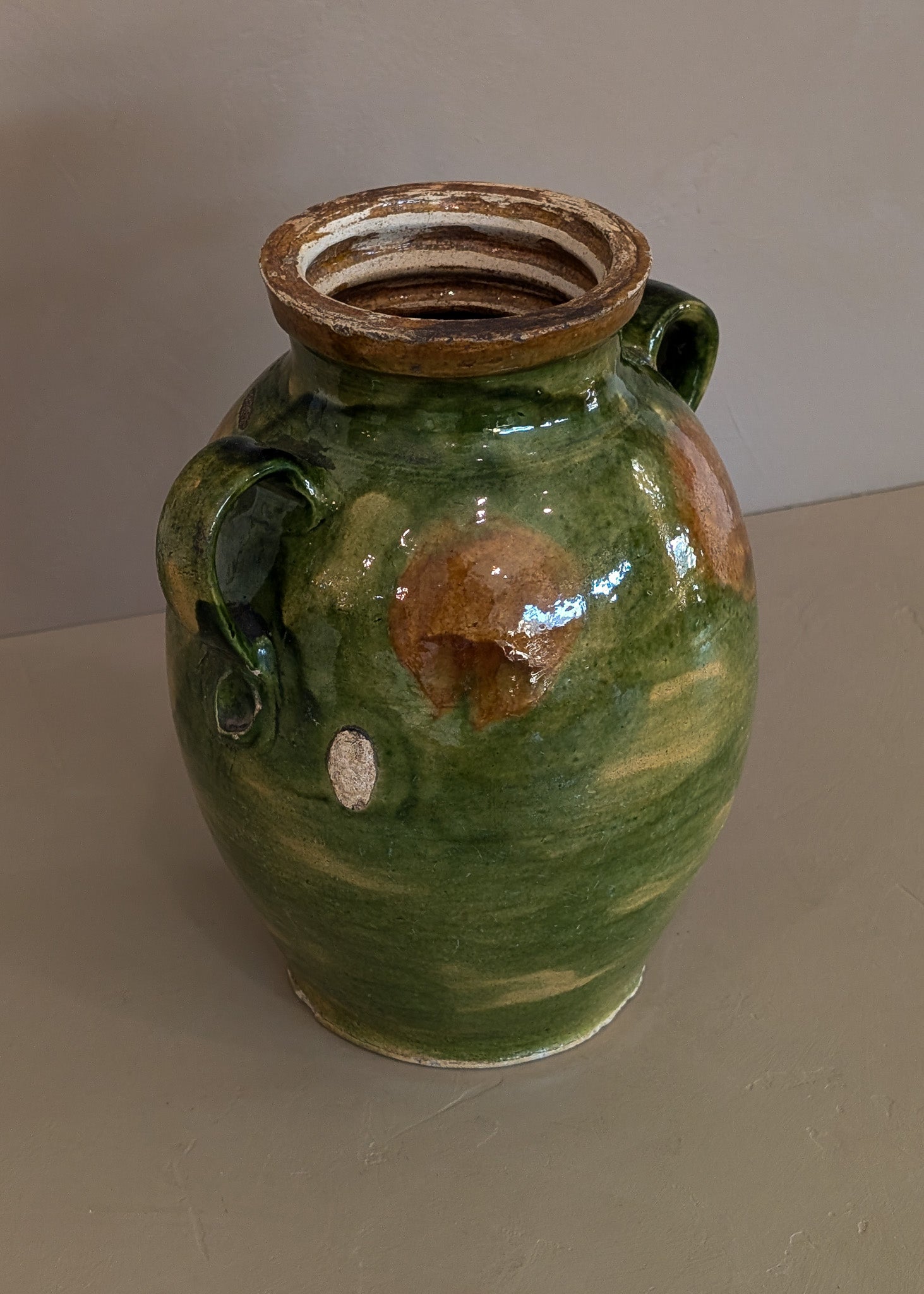 Antique Green and Brown European Handled Sauerkraut Jar