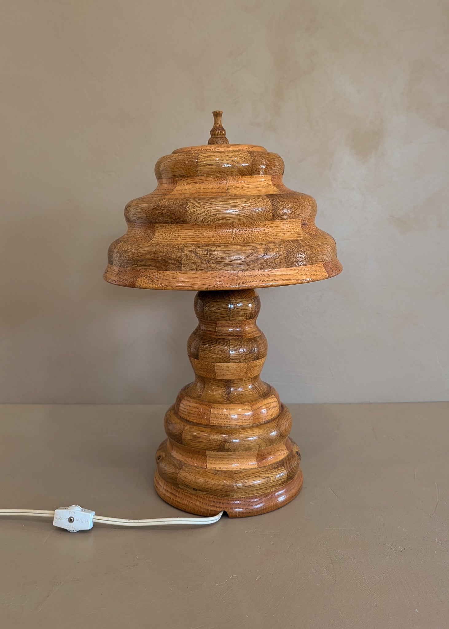 Vintage Handcrafted Marquetry Wavy Wooden Lamp and Matching Wooden Lampshade
