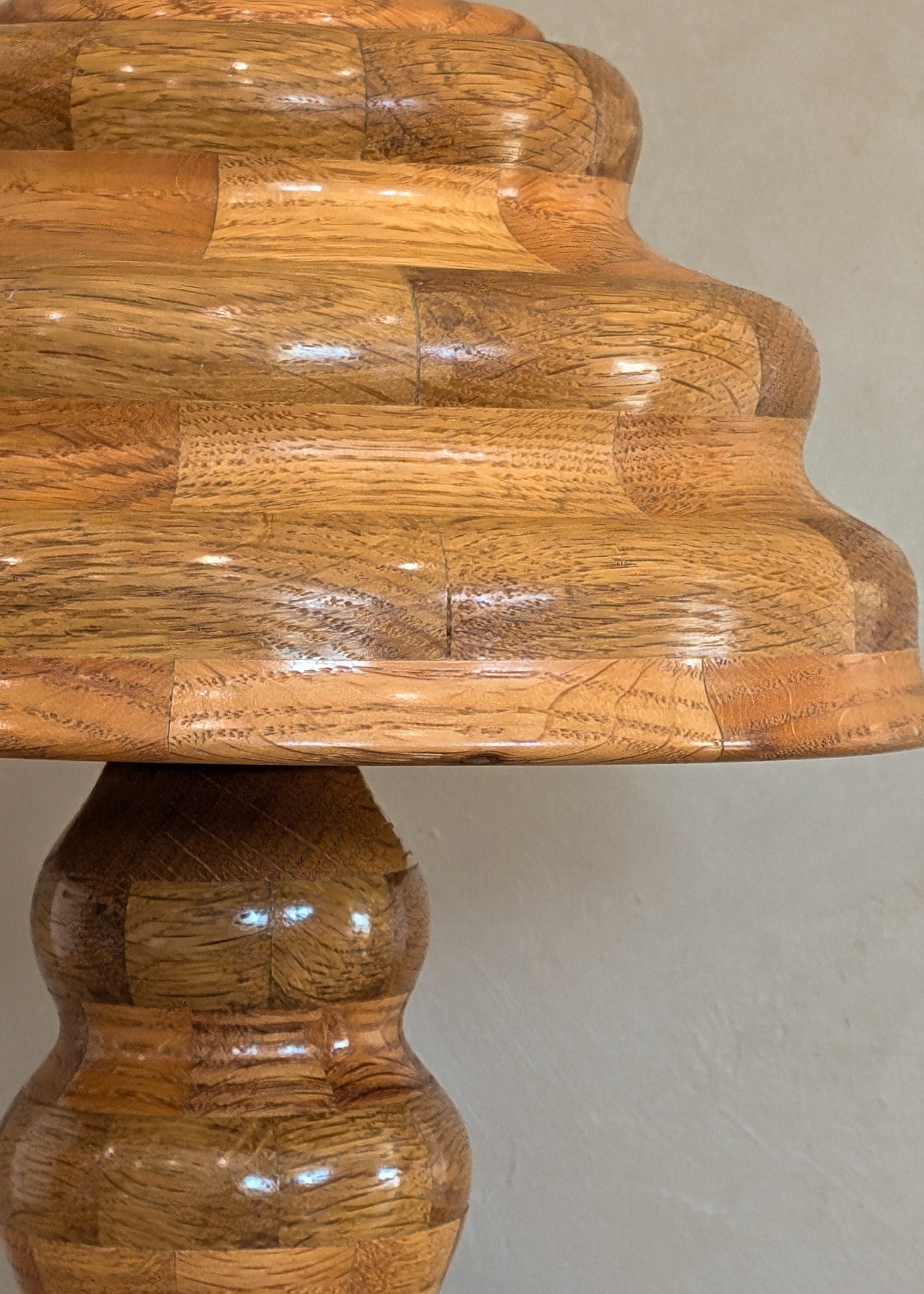 Vintage Handcrafted Marquetry Wavy Wooden Lamp and Matching Wooden Lampshade