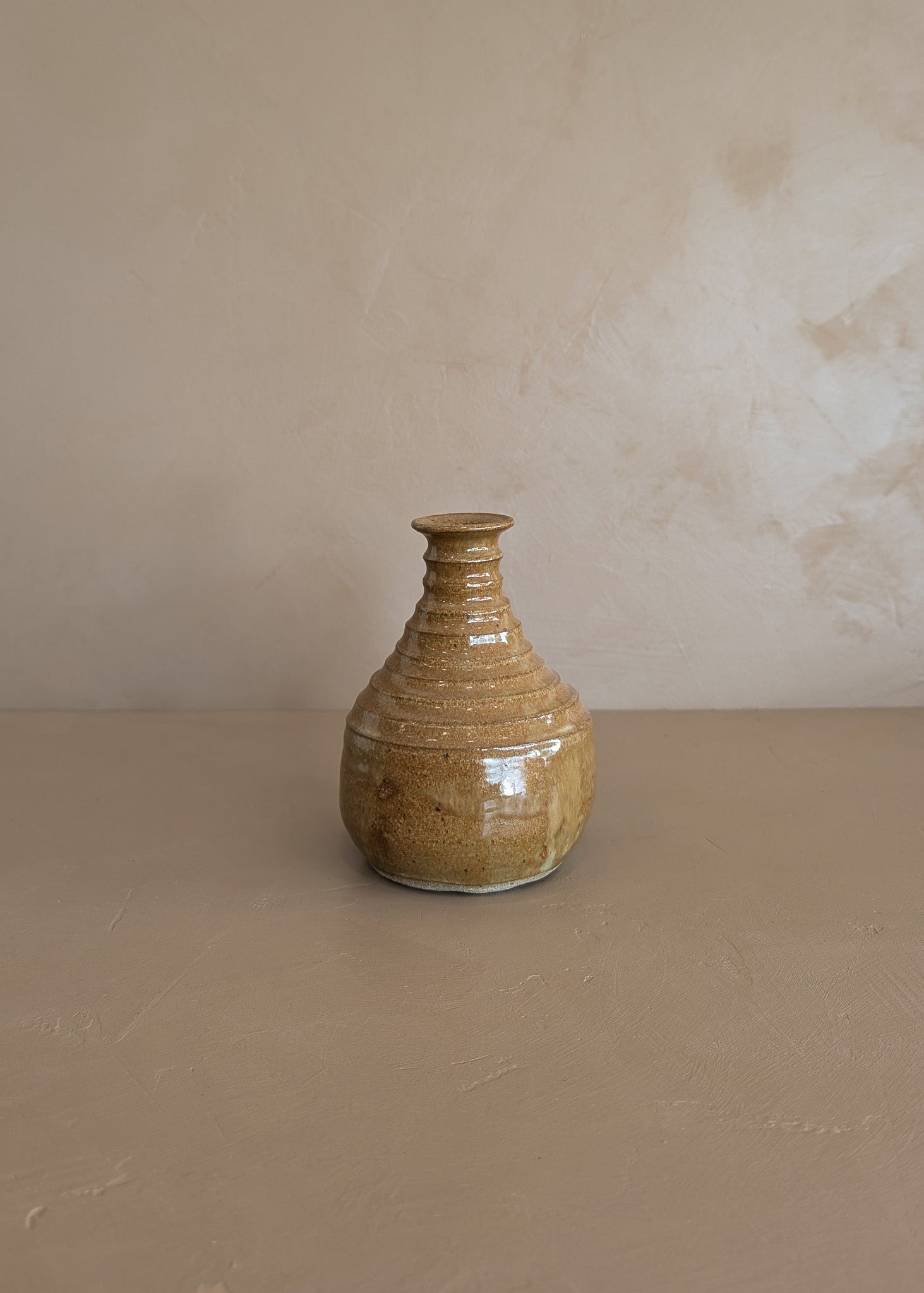 Stamped Neutral Glazed and Ribbed Studio Pottery Vase