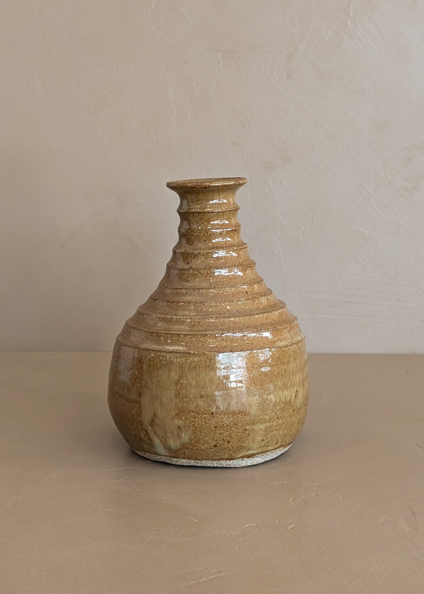 Stamped Neutral Glazed and Ribbed Studio Pottery Vase