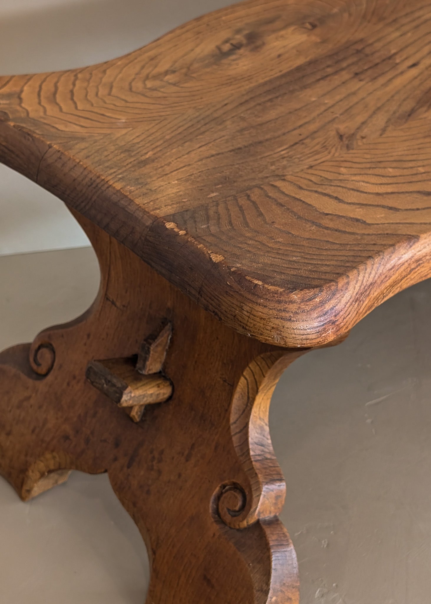 Unique Vintage Hand-carved Wooden Oak Ottoman/Stool with Scroll Detailing