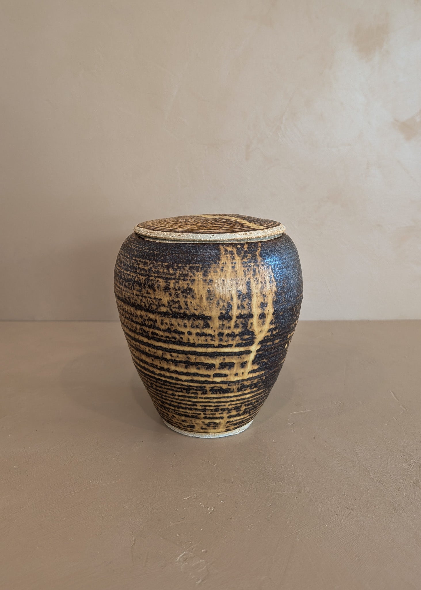 Textured Neutral Flat Lidded Studio Pottery Vase