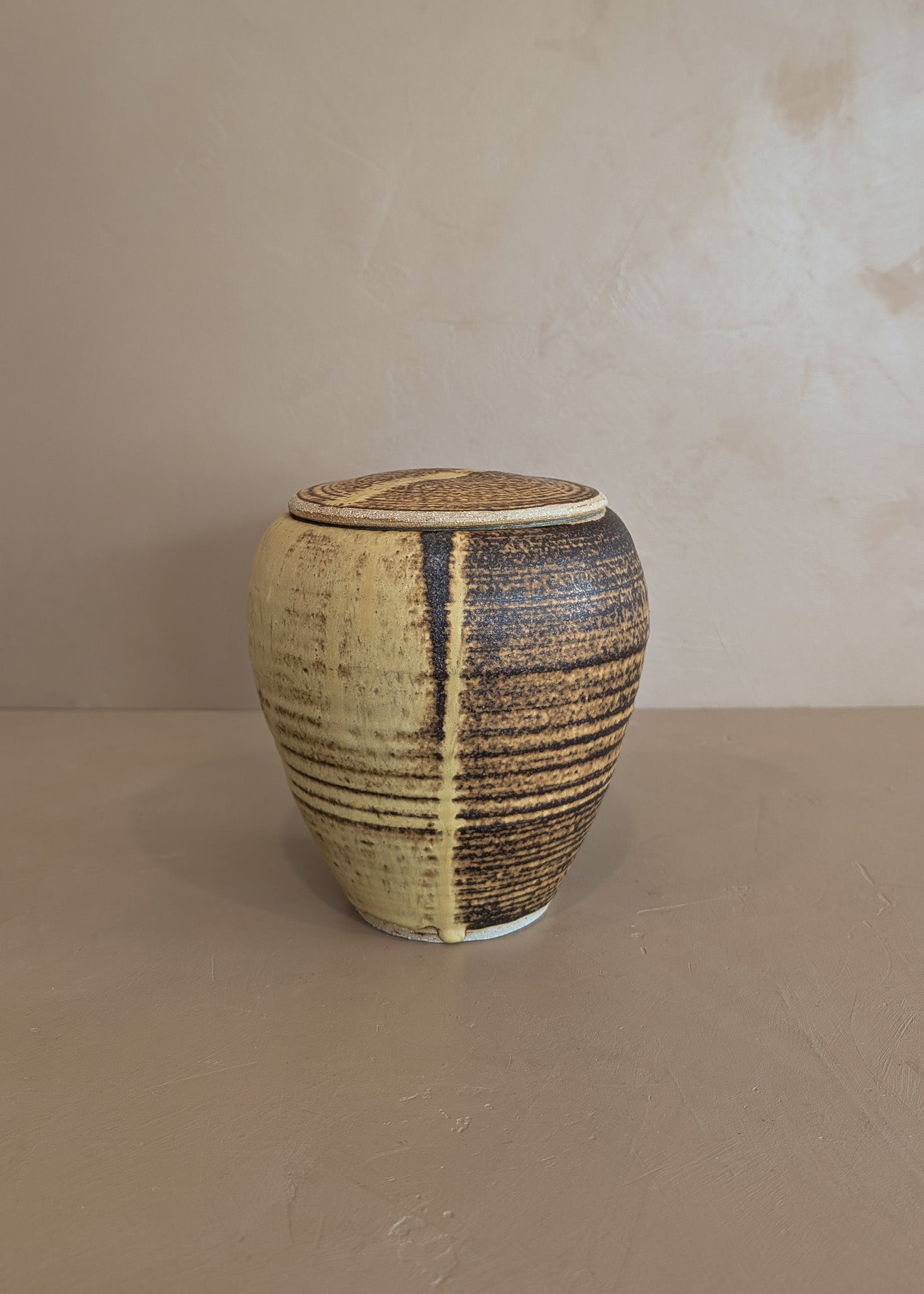 Textured Neutral Flat Lidded Studio Pottery Vase