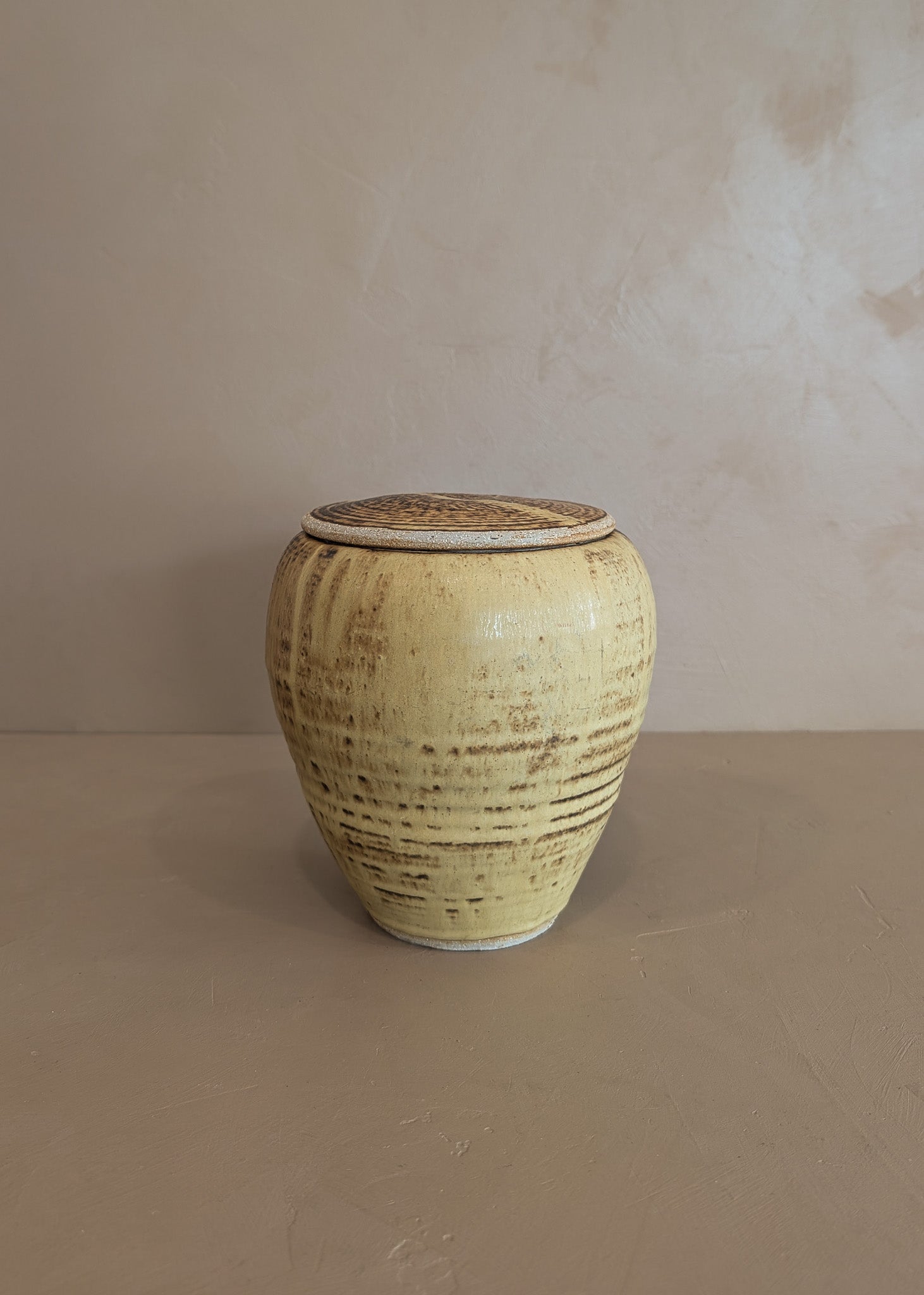 Textured Neutral Flat Lidded Studio Pottery Vase
