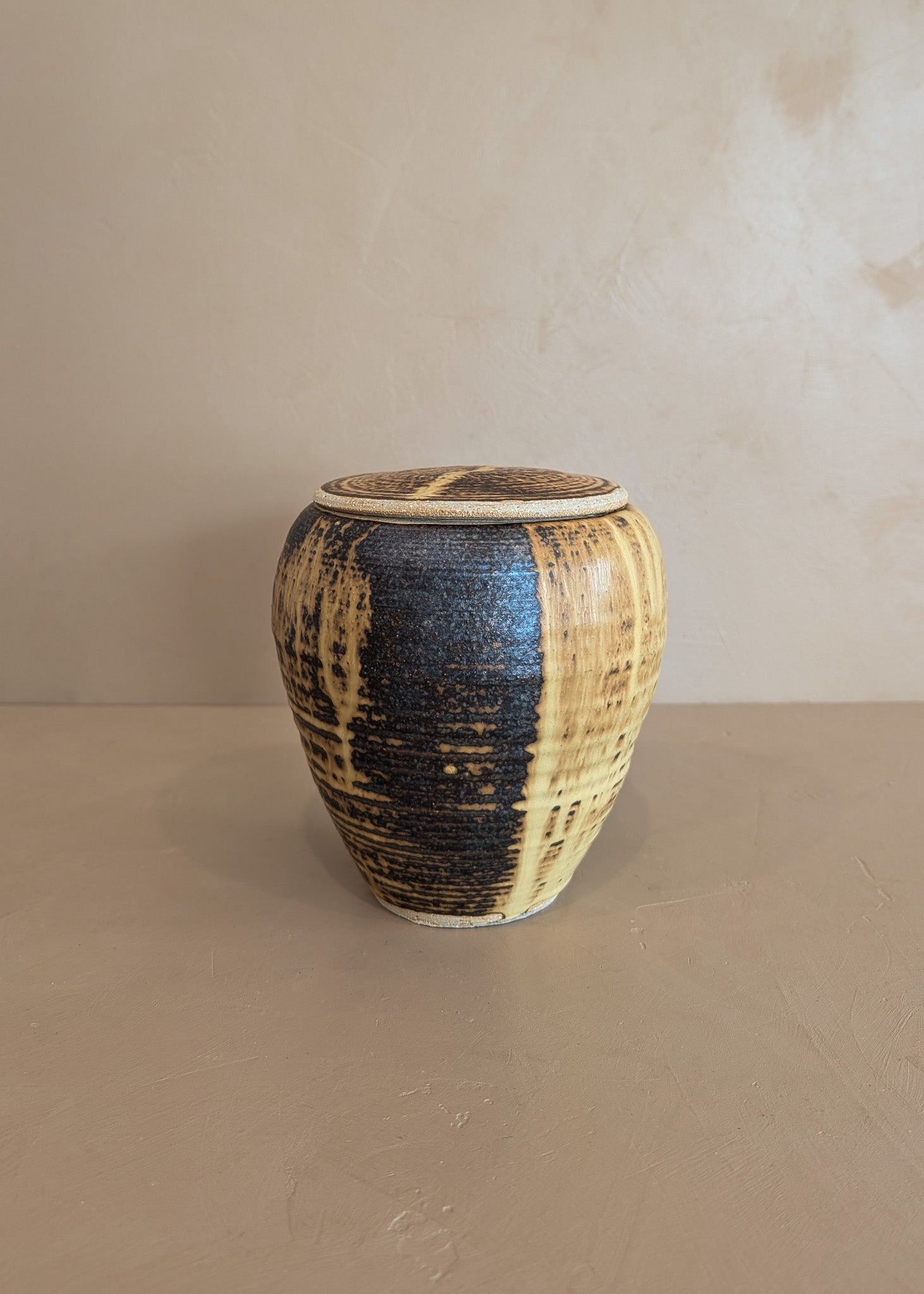 Textured Neutral Flat Lidded Studio Pottery Vase