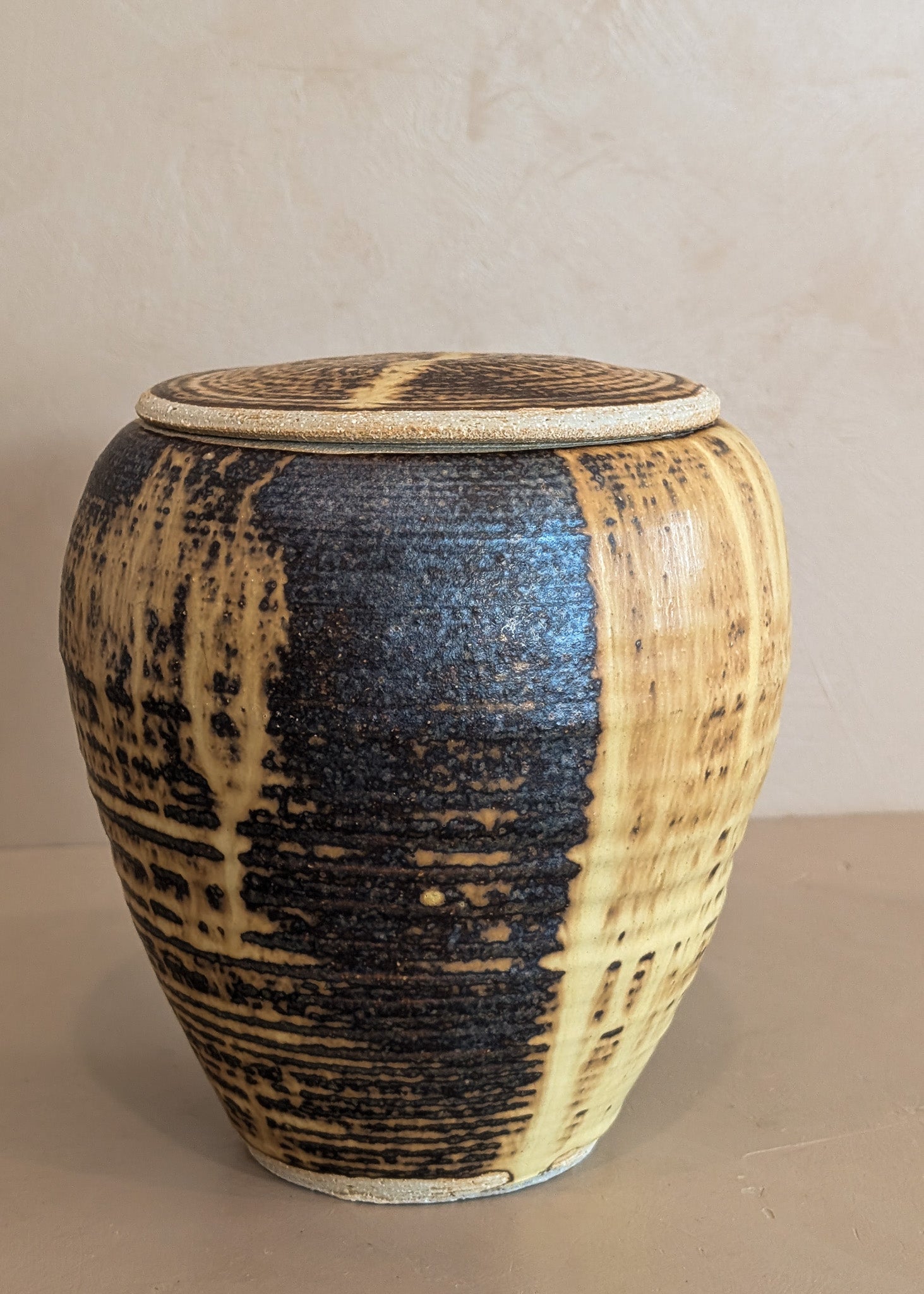 Textured Neutral Flat Lidded Studio Pottery Vase