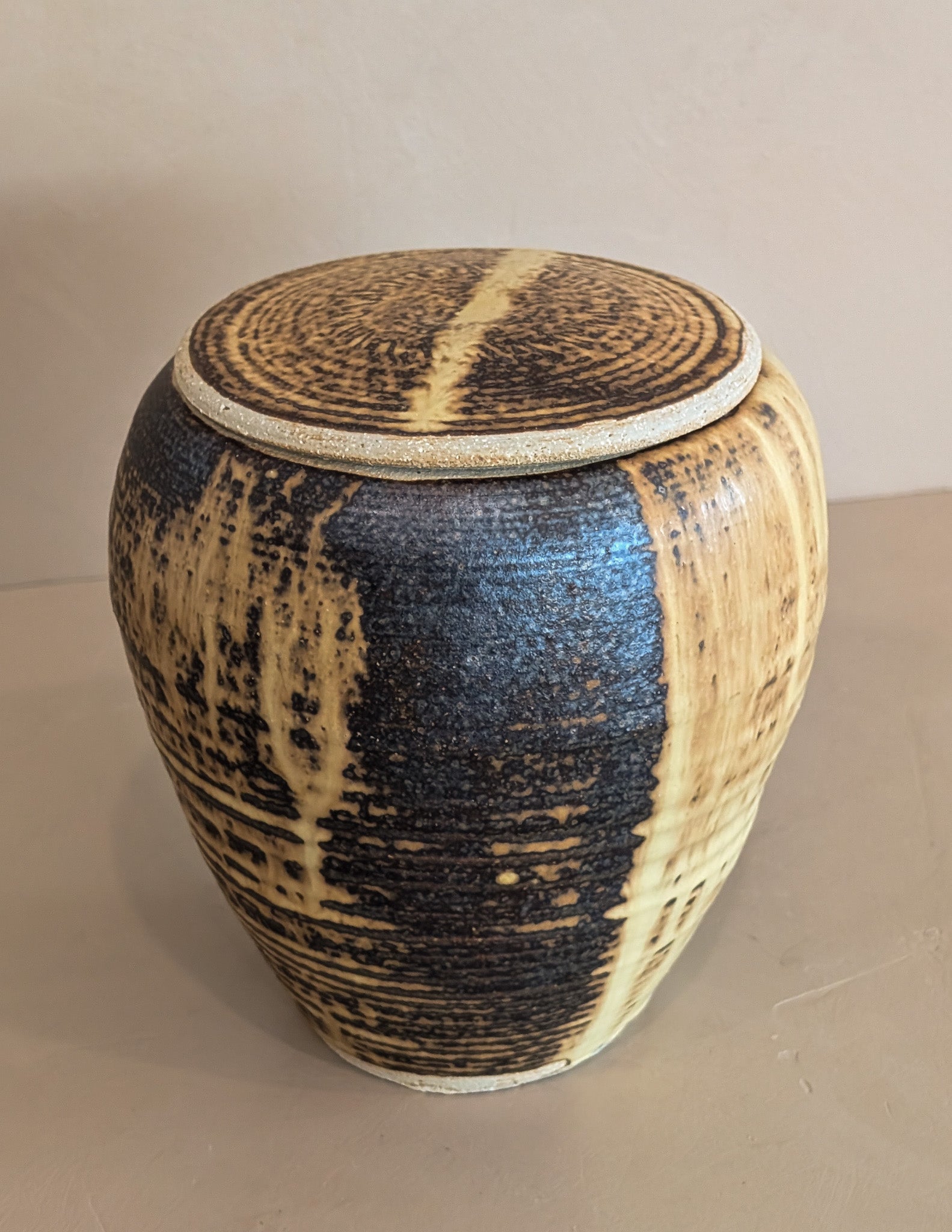 Textured Neutral Flat Lidded Studio Pottery Vase