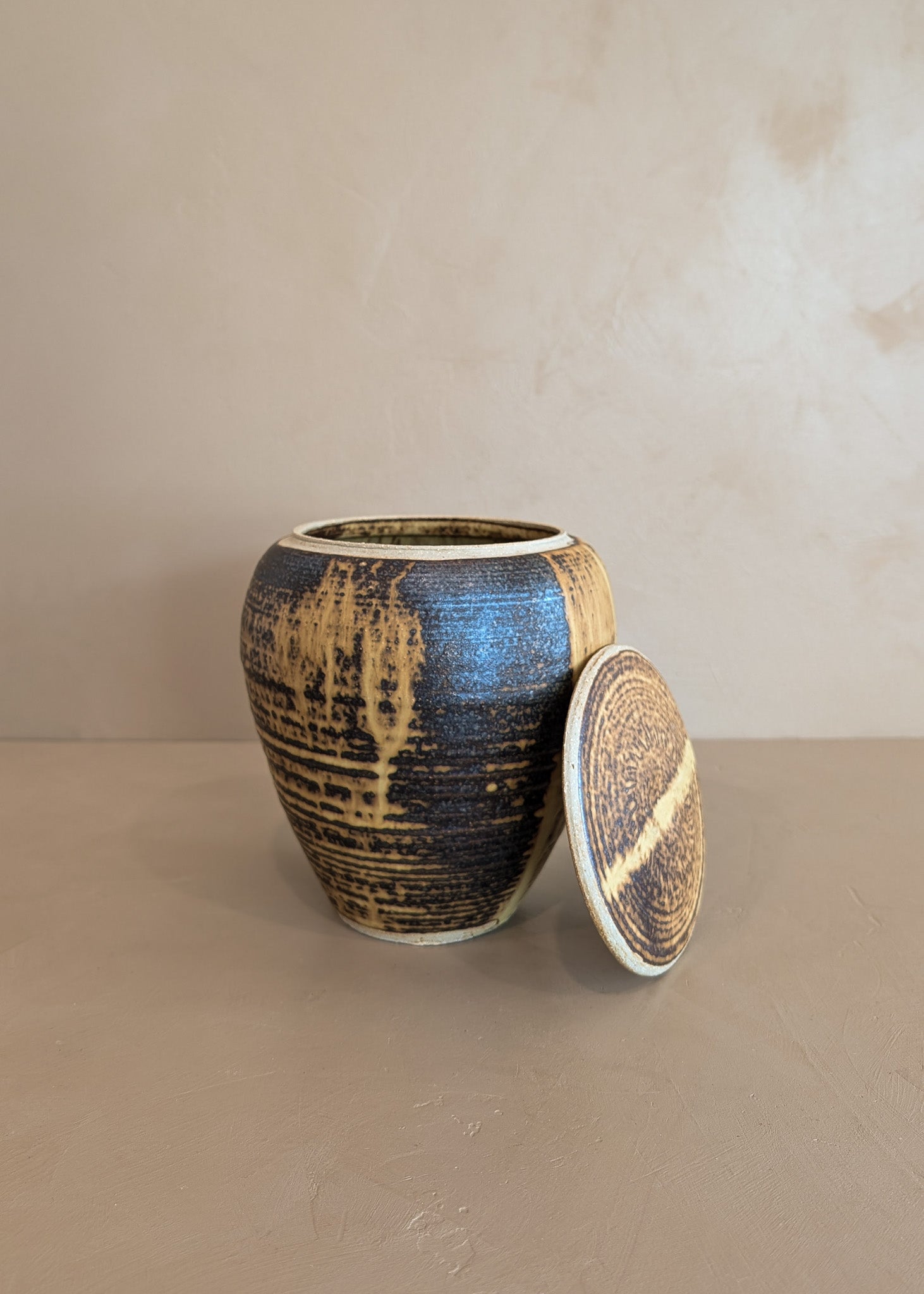 Textured Neutral Flat Lidded Studio Pottery Vase