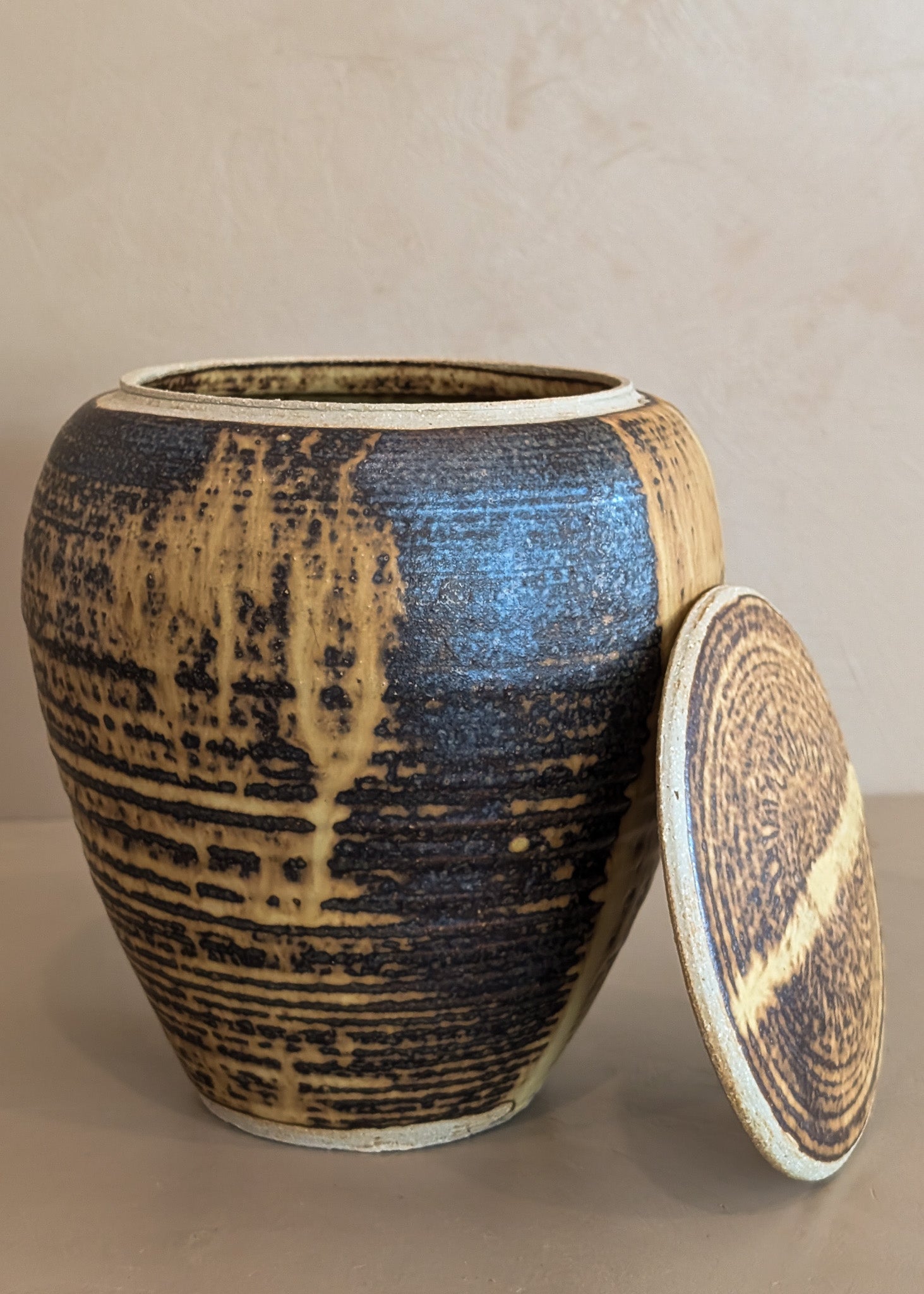 Textured Neutral Flat Lidded Studio Pottery Vase