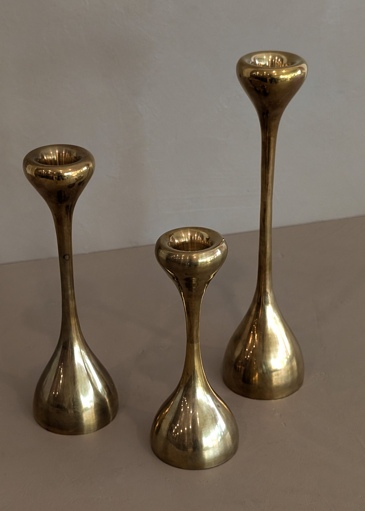 Trio of Midcentury Swedish Brass Candleholders