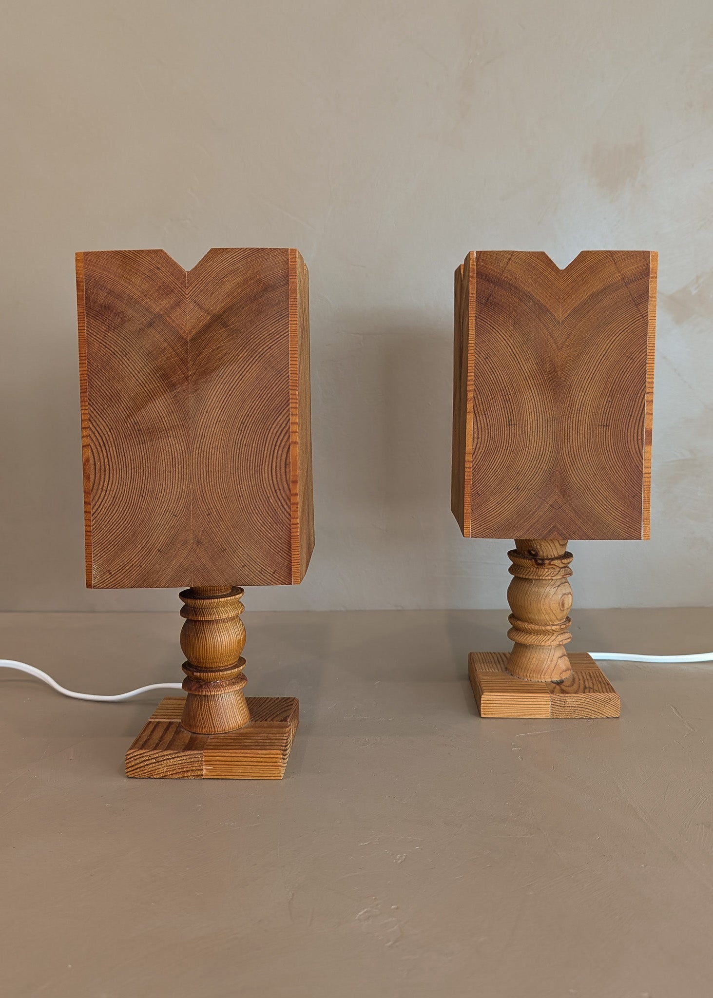 Pair of Petite Vintage Handcrafted Swedish Pine Lamps with Pine Lampshades