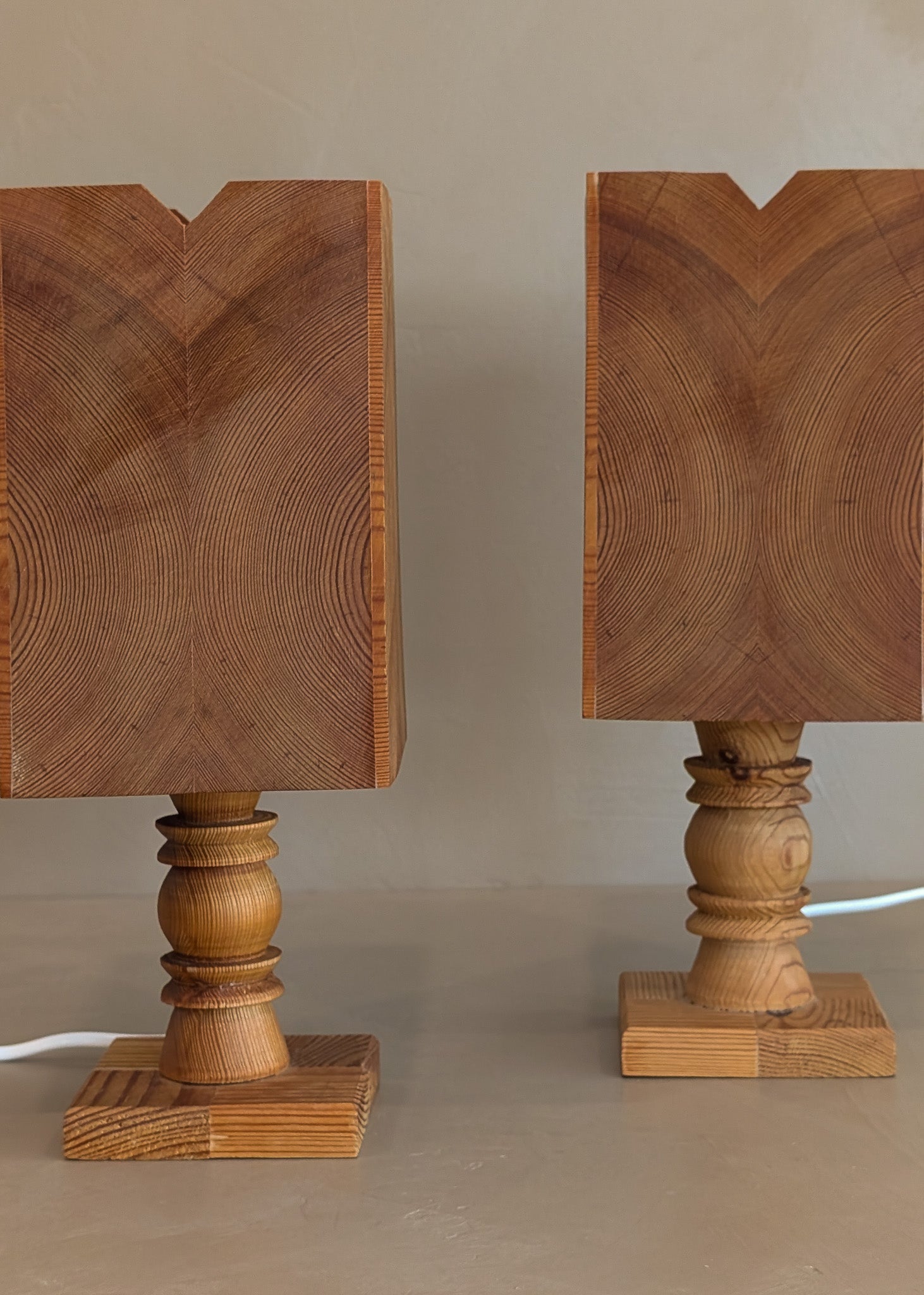 Pair of Petite Vintage Handcrafted Swedish Pine Lamps with Pine Lampshades