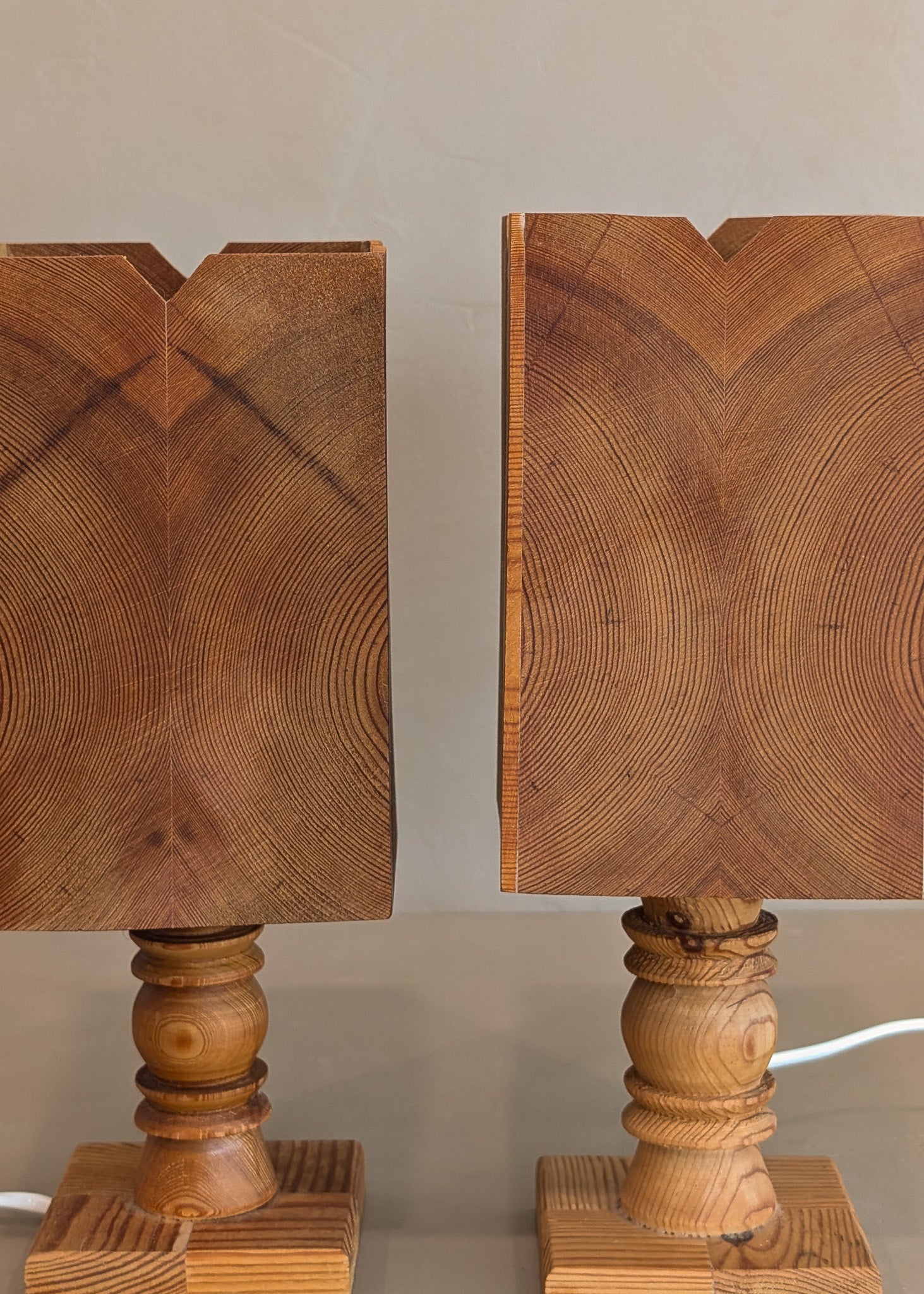 Pair of Petite Vintage Handcrafted Swedish Pine Lamps with Pine Lampshades