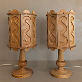 Pair of Vintage Swedish Pine Lamps with Movable Wooden Squiggle Lampshades