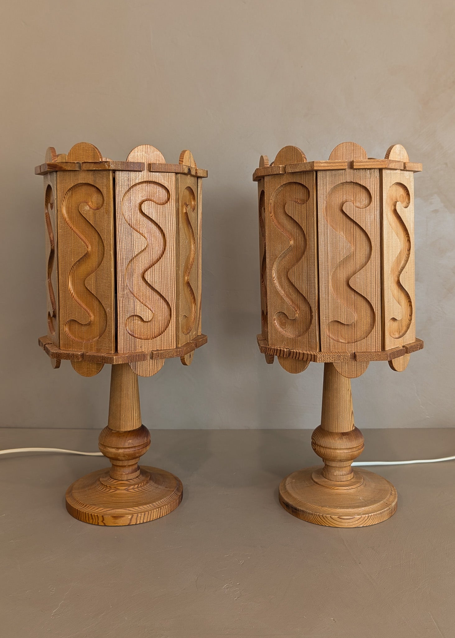 Pair of Vintage Swedish Pine Lamps with Movable Wooden Squiggle Lampshades