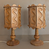 Pair of Vintage Swedish Pine Lamps with Movable Wooden Squiggle Lampshades