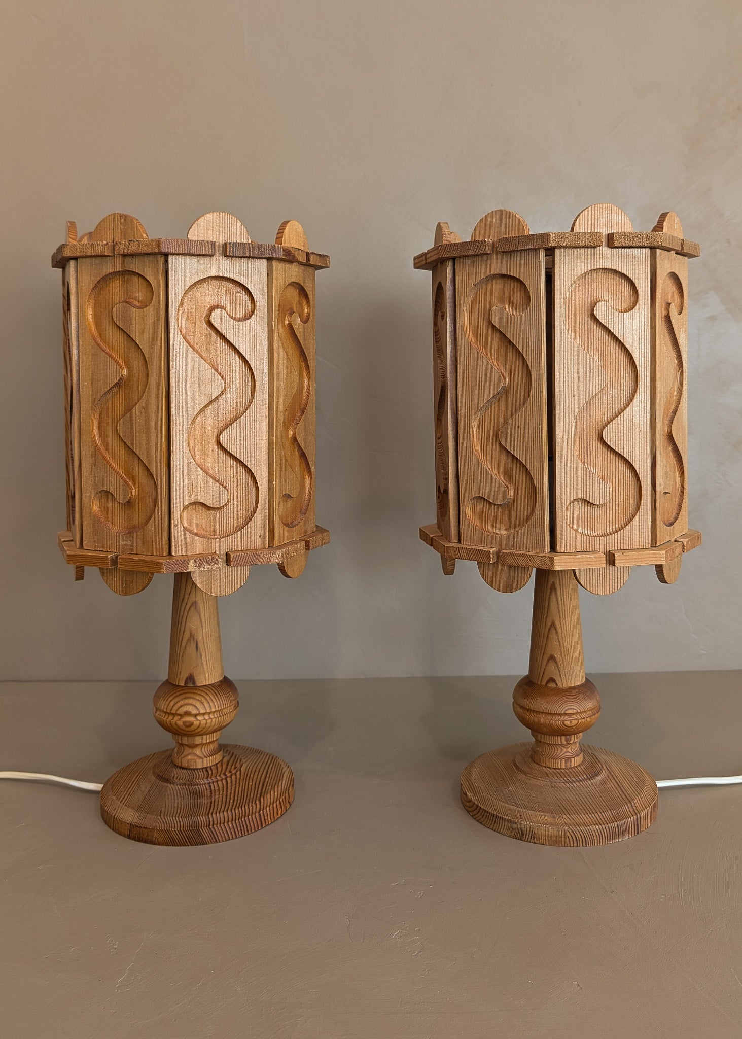 Pair of Vintage Swedish Pine Lamps with Movable Wooden Squiggle Lampshades