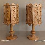 Pair of Vintage Swedish Pine Lamps with Movable Wooden Squiggle Lampshades
