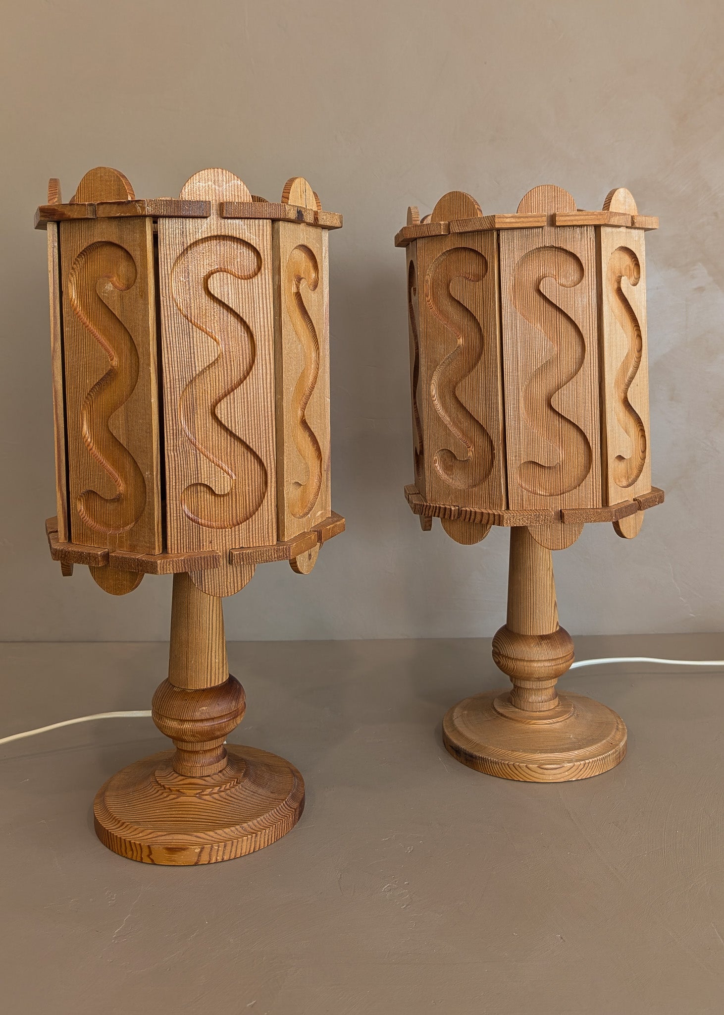 Pair of Vintage Swedish Pine Lamps with Movable Wooden Squiggle Lampshades