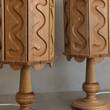 Pair of Vintage Swedish Pine Lamps with Movable Wooden Squiggle Lampshades