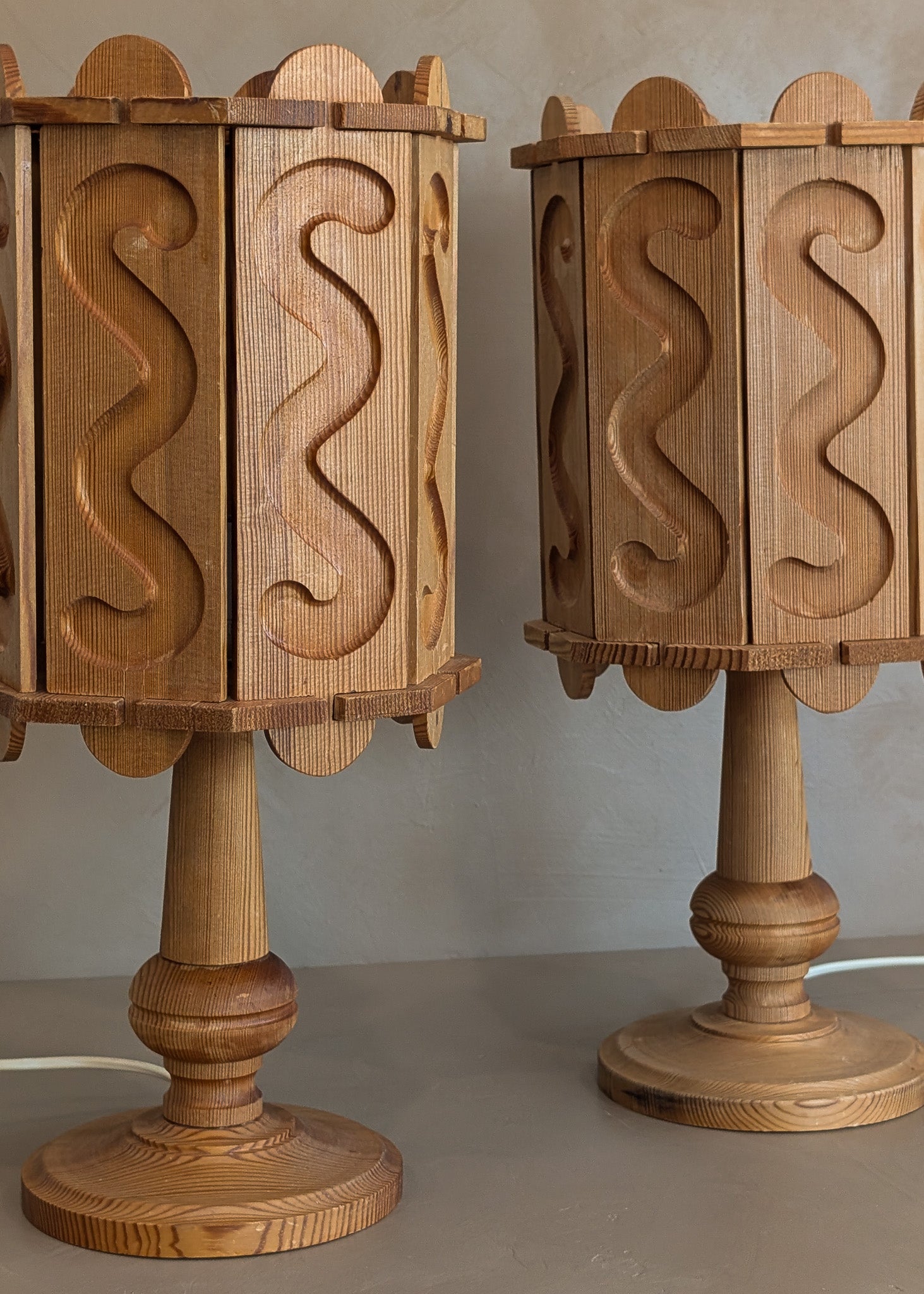 Pair of Vintage Swedish Pine Lamps with Movable Wooden Squiggle Lampshades