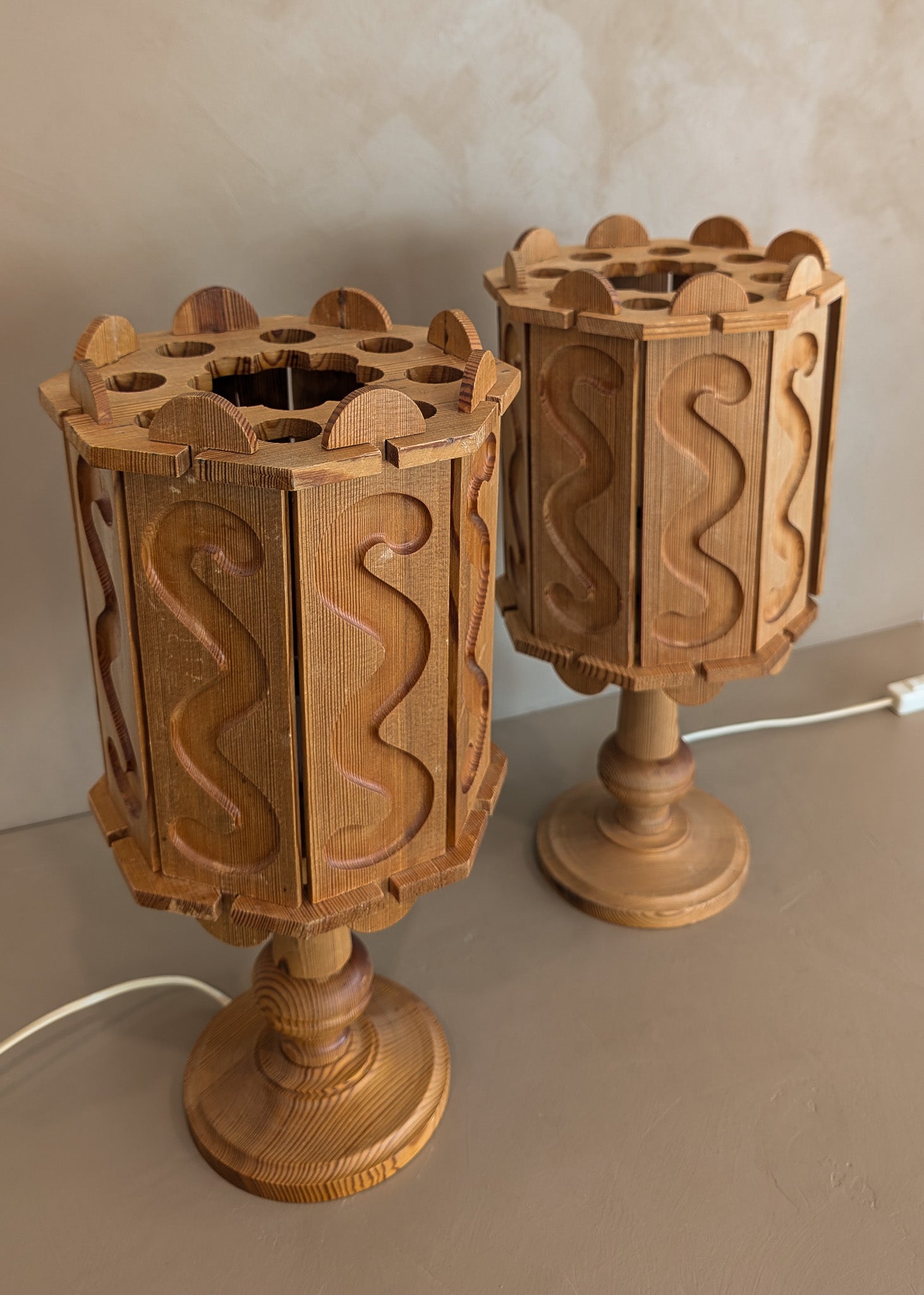 Pair of Vintage Swedish Pine Lamps with Movable Wooden Squiggle Lampshades