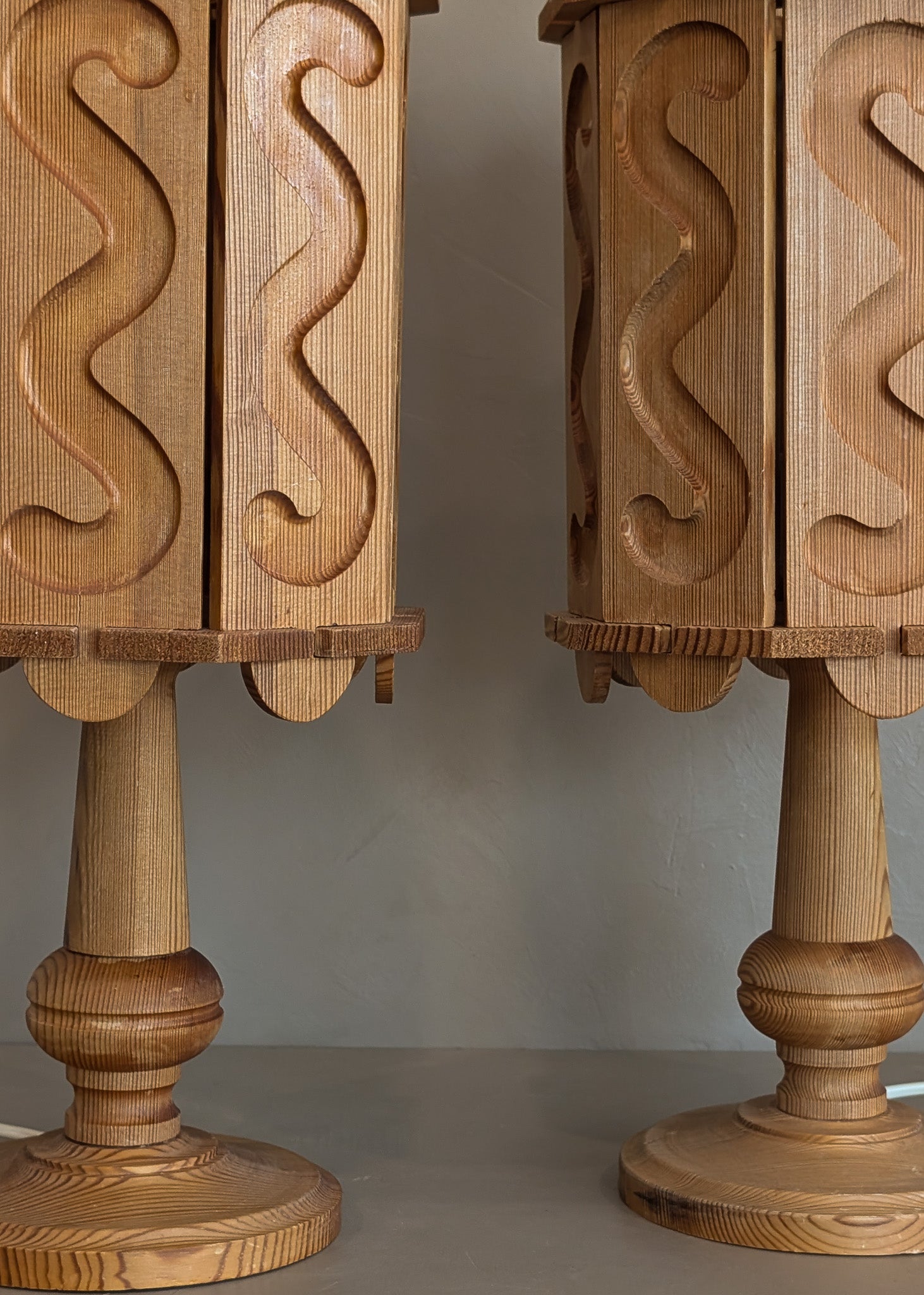 Pair of Vintage Swedish Pine Lamps with Movable Wooden Squiggle Lampshades
