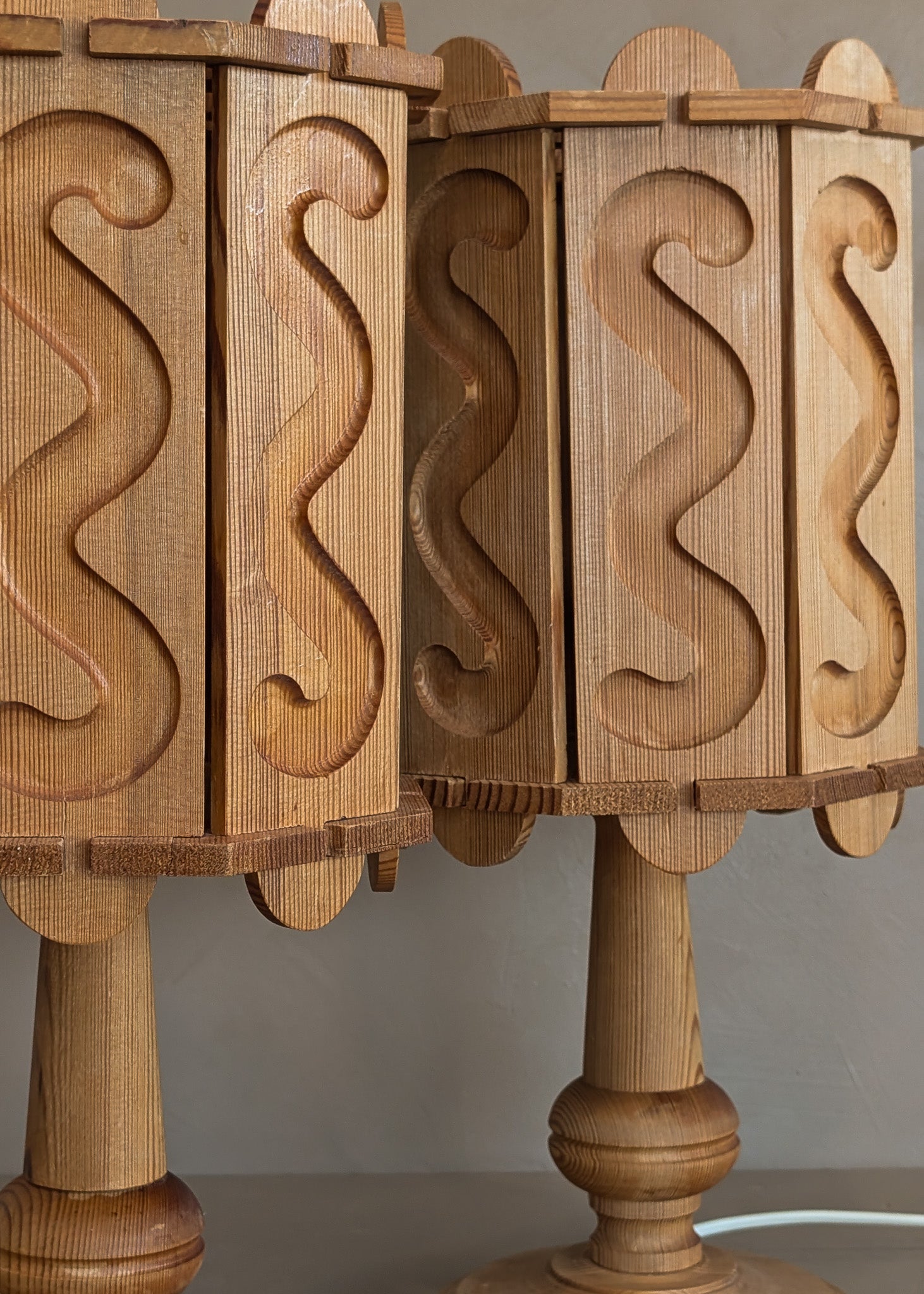 Pair of Vintage Swedish Pine Lamps with Movable Wooden Squiggle Lampshades