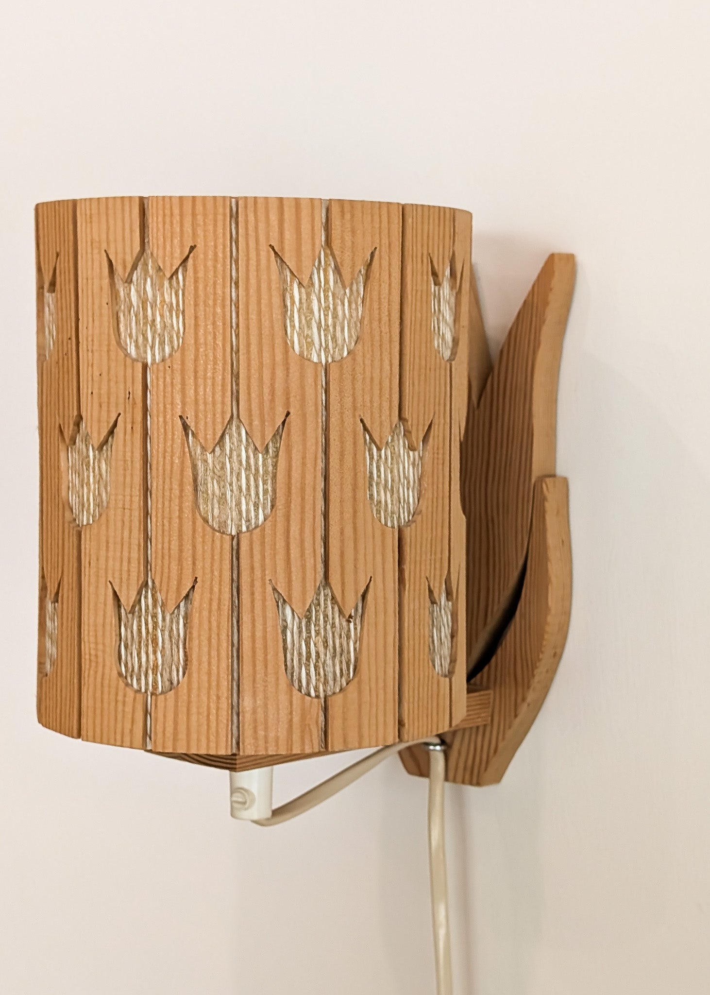 Vintage Swedish Pine and String Wall Sconce with Tulip Cutouts